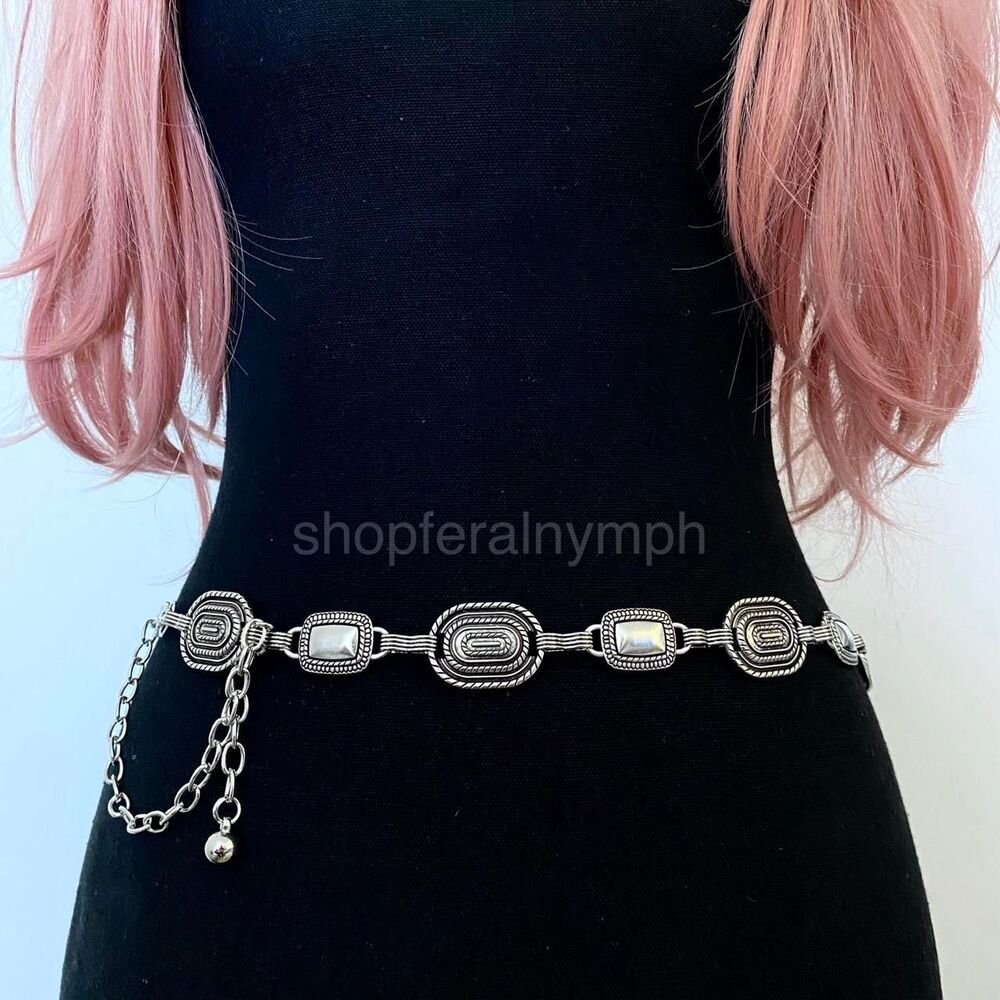 Silver Y2K Western Concho Link Chain Belt, Fits 26 to 38.5 Inches, X7GA1326
